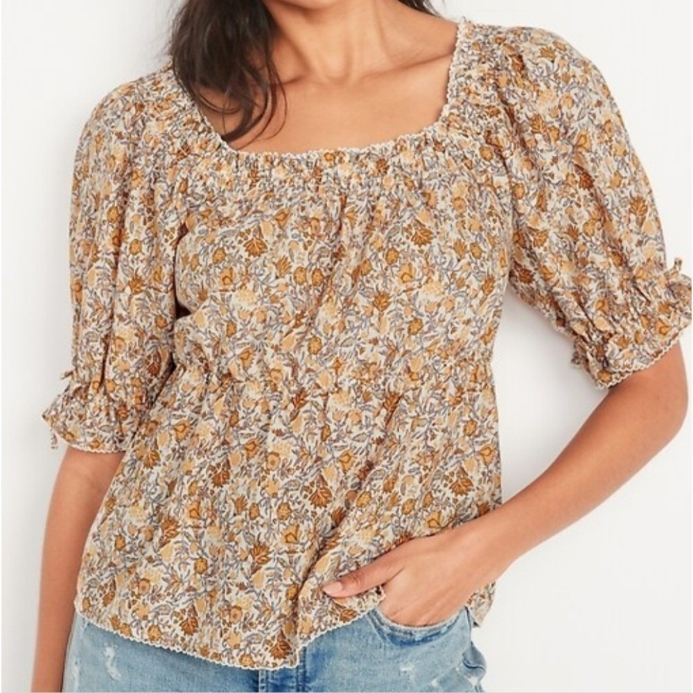 Old Navy Cream Yellow Puff Sleeve Square Neck Floral Babydoll Blouse Size Large